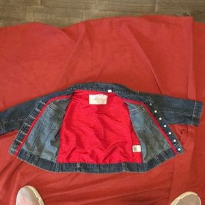 Chico denim jacket , excellent condition red,white, and blue flag on back